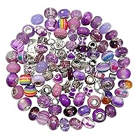 50pcs Assorted Purple Resin Imitation Glass European Large Hole Beads Rhinestone Metal Spacer Charms Bead Assortments for DIY Crafts Bracelets