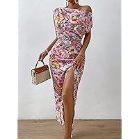 Women's Dresses Allover Floral Print Asymmetrical Neck Split Thigh Dress Dress for Women (Color : Purple, Size : Large)