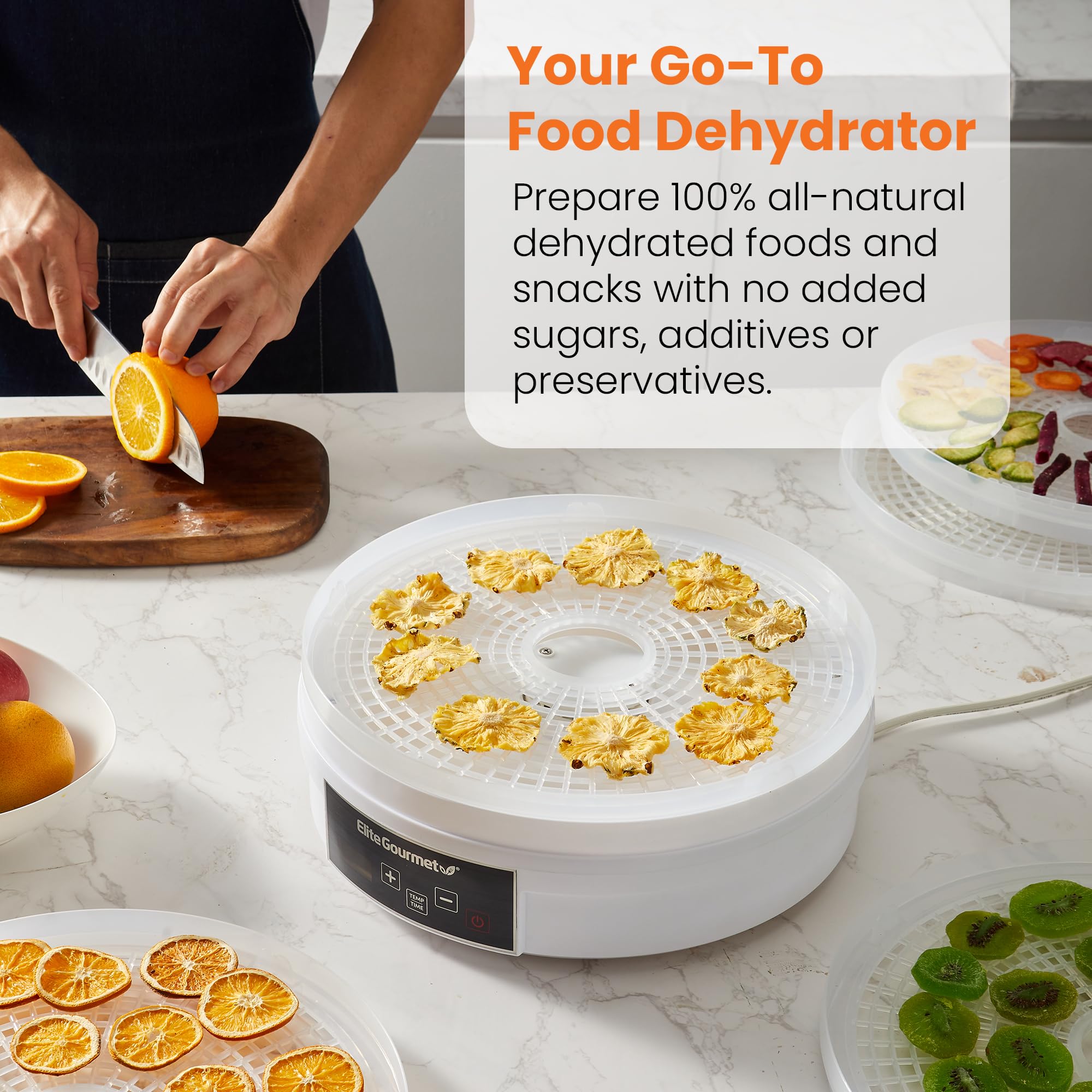 Elite Gourmet EFD770WD Digital Food Dehydrator with 5x12.5” BPA Free Trays, Adjustable Time and Temperature Controls, Jerky, Herbs, Fruit, Veggies, Snacks, White