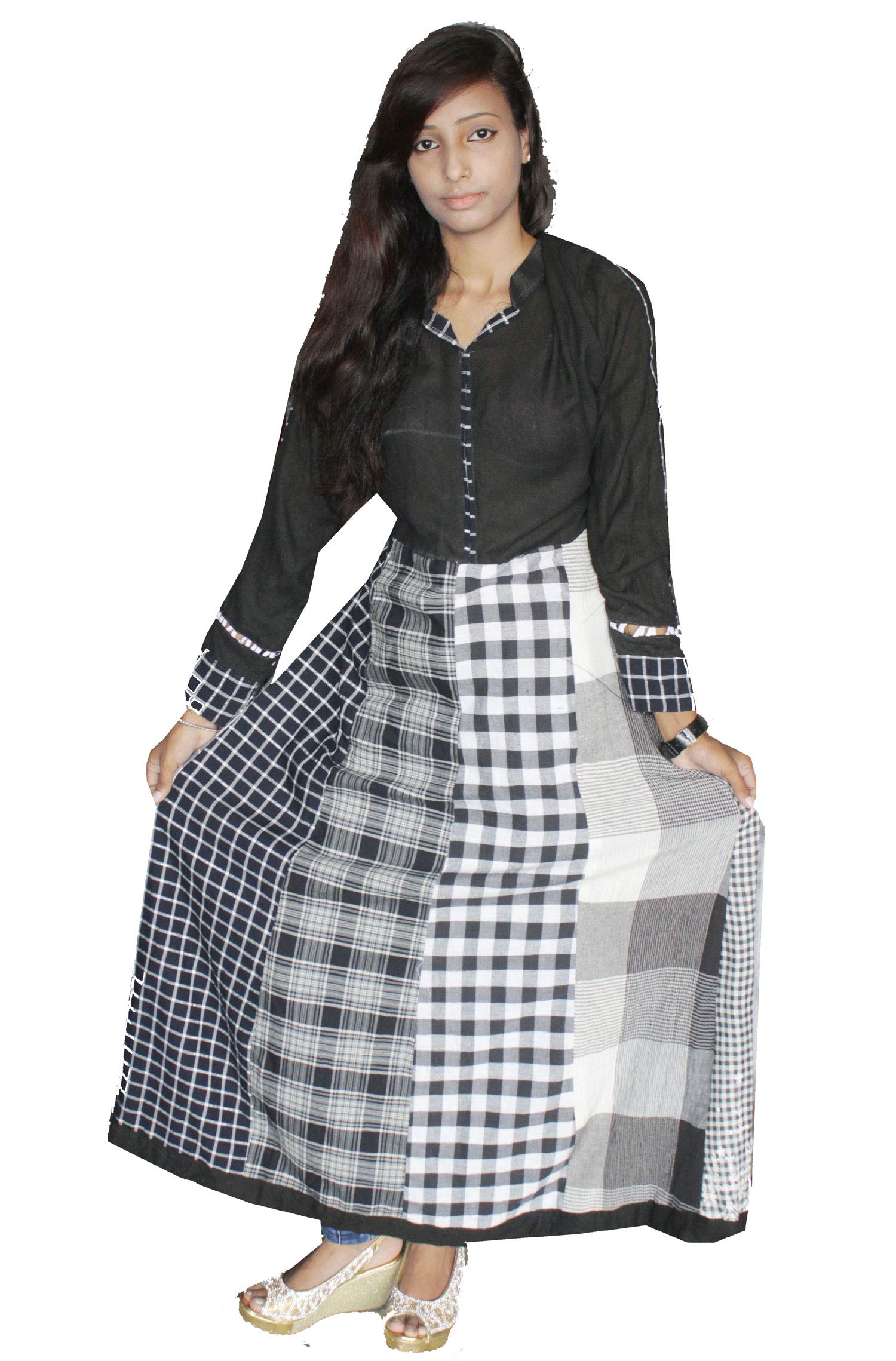 lakkar haveli Indian 100% Cotton Check Print Black Color Patch Work Dress Women Fashion Long Plus Size