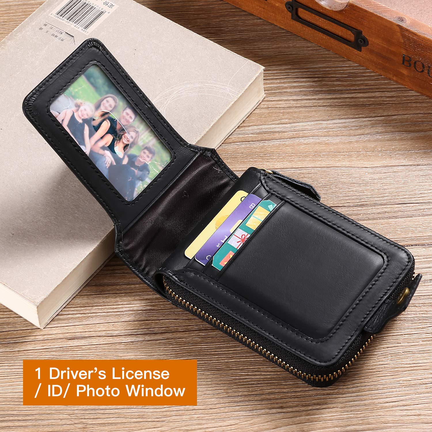GOIACII Men Wallet Genuine Leather RFID Blocking Bi-fold Wallet for men with ID Window Zip Coin Pocket