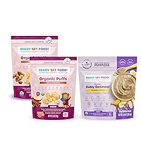 Ready, Set, Food! Organic Variety Pack, Includes: Puffs, Apple Cinnamon and Peanut Butter (2 Pack) & Oatmeal Banana Apple (1 Pack) | 9 Top Allergens: Peanut, Egg, Milk, Cashew and more