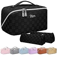 Travel Makeup Bag Cosmetic Organizer: Checkered Cosmetic Cases - 3 Set Large Capacity PU Leather Makeup Organizer Bag for Women - Portable Checkered Toiletry Bag with Divider & Handle Black