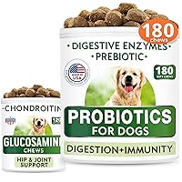 Dog Probiotics Chews + Glucosamine Bundle - Gas, Diarrhea, Allergy, Constipation, Upset Stomach Relief + Hip & Joint Care - Digestive Enzymes + Prebiotics + Chondroitin, MSM, Omega-3 - 300 Soft Chews