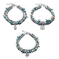 3 pcs Set Simulated Turquoise Blue Starfish Multilayer Yoga Beach Anklets Bracelet Boho Foot Jewelry for Women Teen Girls Y811