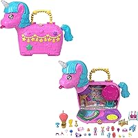 Polly Pocket Dolls & Playset with Pets & 25+ Surprise Accessories, Birthday Celebration Unicorn Partyland Playset, Hot Air Balloon Ride