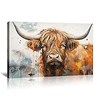 MOSTUNNA Cow Canvas Wall Art Watercolor Highland Cattle Picture Print Abstract Graffiti Animal Painting Vintage Artwork for Kitchen Bathroom Bedroom Living Room Ready to Hang(Cow-3,12.00