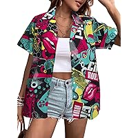 80s 90s Outfit Hawaiian Shirt: Women Retro 80's Disco Neon Party Graphic Print Button Down Clothes Top