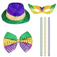 6 Pieces Mardi Gras Outfit Mardi Gras Costumes Mardi Gras Accessories Hat Mask Bow Tie Necklace for Mardi Gras Party