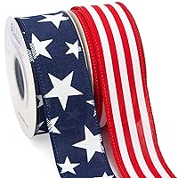 Ribbli Patriotic Ribbon Wired,2 Rolls Navy Star and Red Stripe Burlap Ribbon,1-1/2 Inch Total 60 Feets(20 Yards),Patriotic Ribbon for Crafts,Wreath,4th of July Ribbon