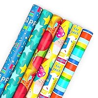 Hallmark Birthday Wrapping Paper with Cutlines on Reverse (6 Rolls: 180 Sq. Ft. Total) Stars, Stripes, Balloons, Cupcakes, Happy Birthday