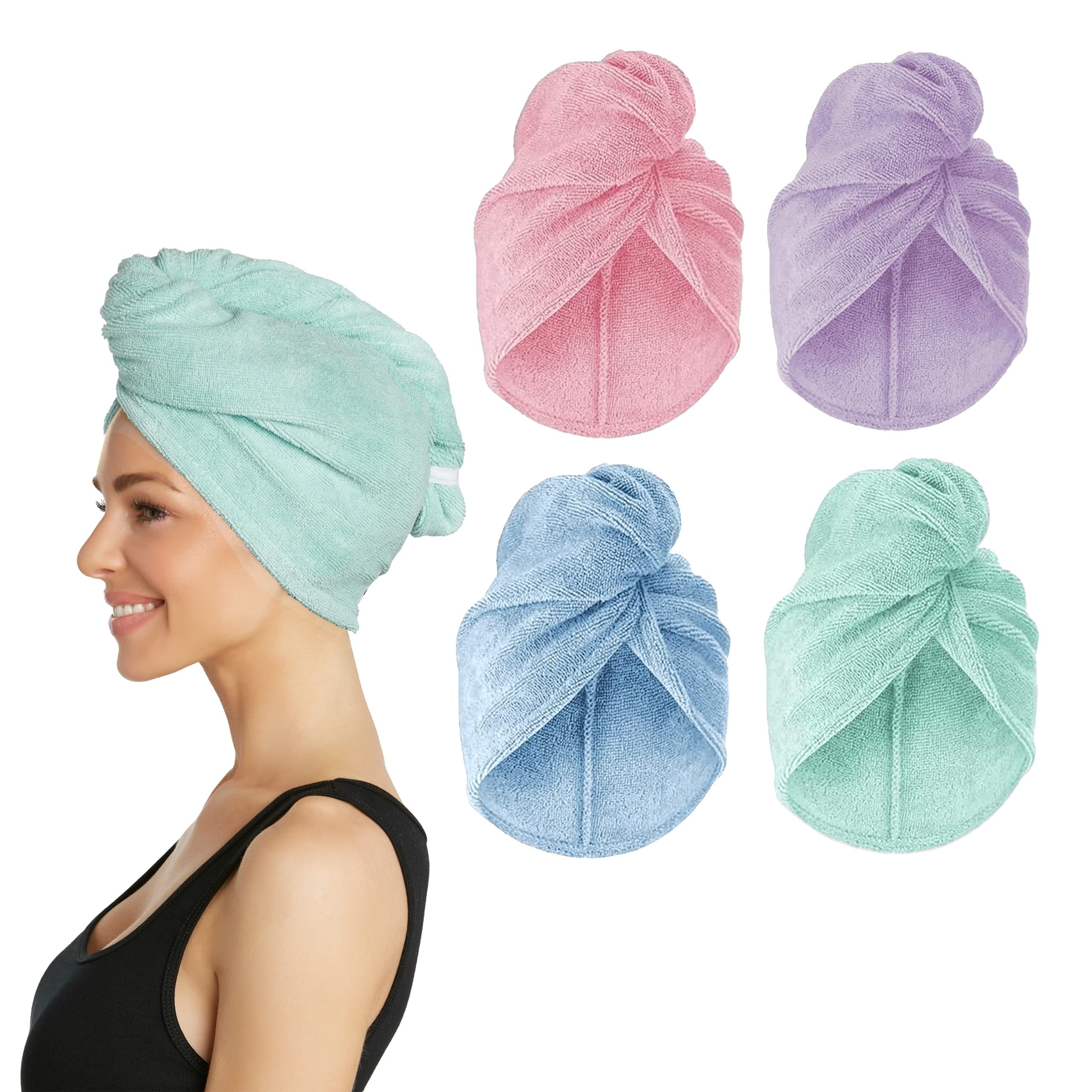 Turbie Twist Microfiber Hair Towel Wrap for Women and Men | 4 Pack | Quick Dry Turban for Drying Curly, Long & Thick Hair (Pink, Purple, Blue, Aqua)