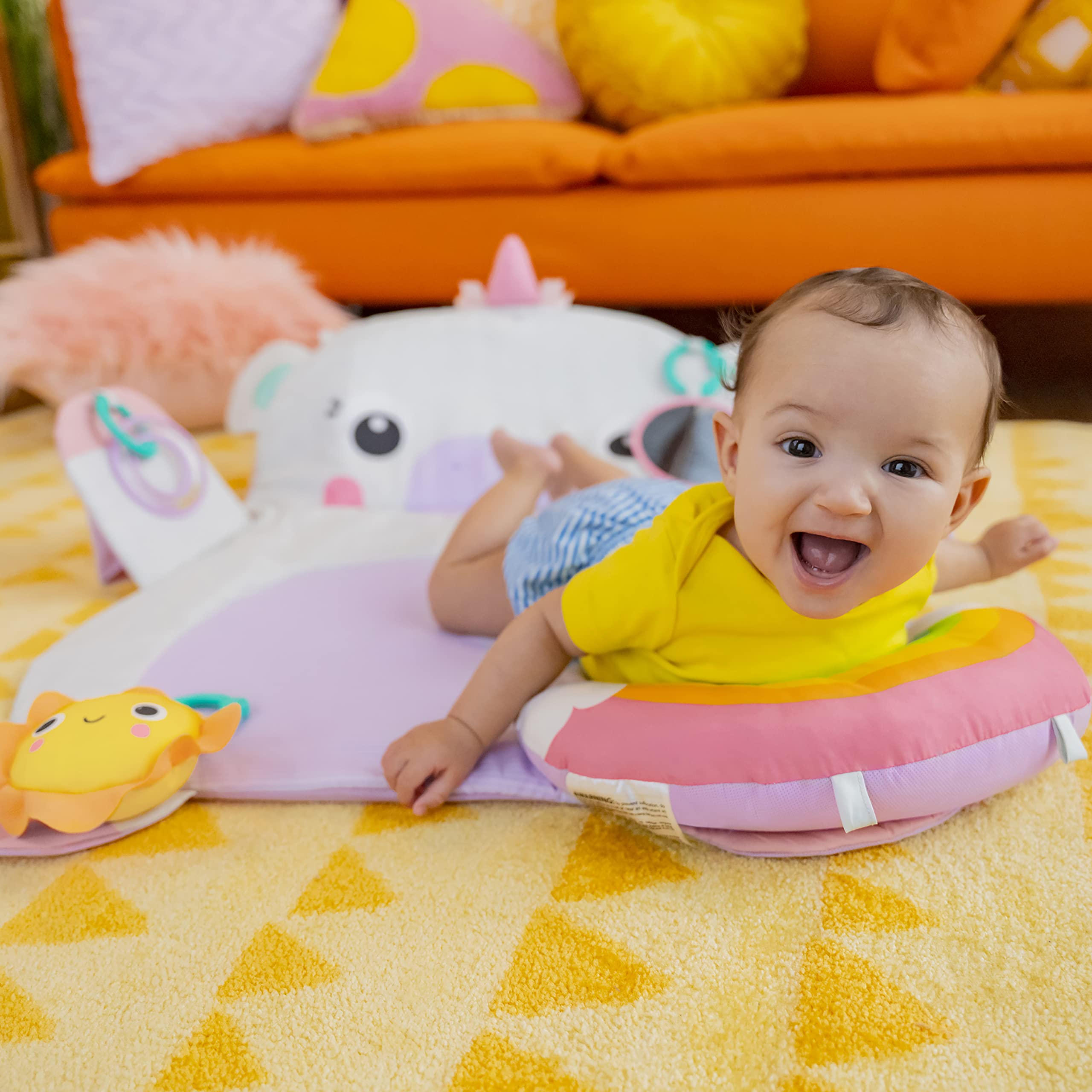 Bright Starts Tummy Time Prop & Play Baby Activity Mat with Support Pillow & Taggies - Unicorn 36 x 32.5 in., Age Newborn+