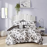 Dorsey Comforter Reversible Flower Floral Botanical Printed Ultra-Soft Brushed All Season Bedding-Set, Full/Queen, Black/White 5 Piece