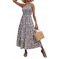 BTFBM Women One Shoulder Summer Dresses 2024 Sleeveless Casual High Waist Floral Flowy Beach Boho Smocked Maxi Dress