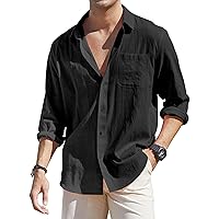 Men's Loose-Fit Long-Sleeve Untucked Cotton Linen Business Casual Button Down Shirt with Pocket