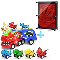 Large 3D Pin Art Sensory Toy (Red) and 5 in 1 Friction Powered Dinosaur Toy Trucks with Flashing Light & Sound Bundle, Toddler Toys with 4 Dino Toy Cars for 1 2 3 4 5 6 7 8 Year Old Kid Boys Girls