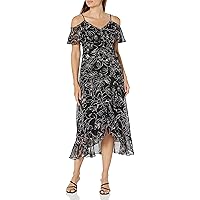 London Times Women's Floral Printed Cold Shoulder Faux Wrap Hi-Low Maxi Dress with Ruffle Details