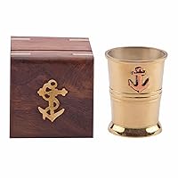 Royal Brass Tequila Shot Glass with Anchor Monogram in Handmade Wooden Box – One Glass Set