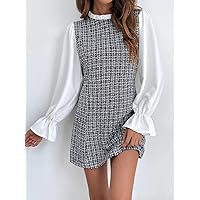 Plaid Flounce Sleeve Frill Trim Tweed 2 in 1 Dress (Color : Black and White, Size : Large)