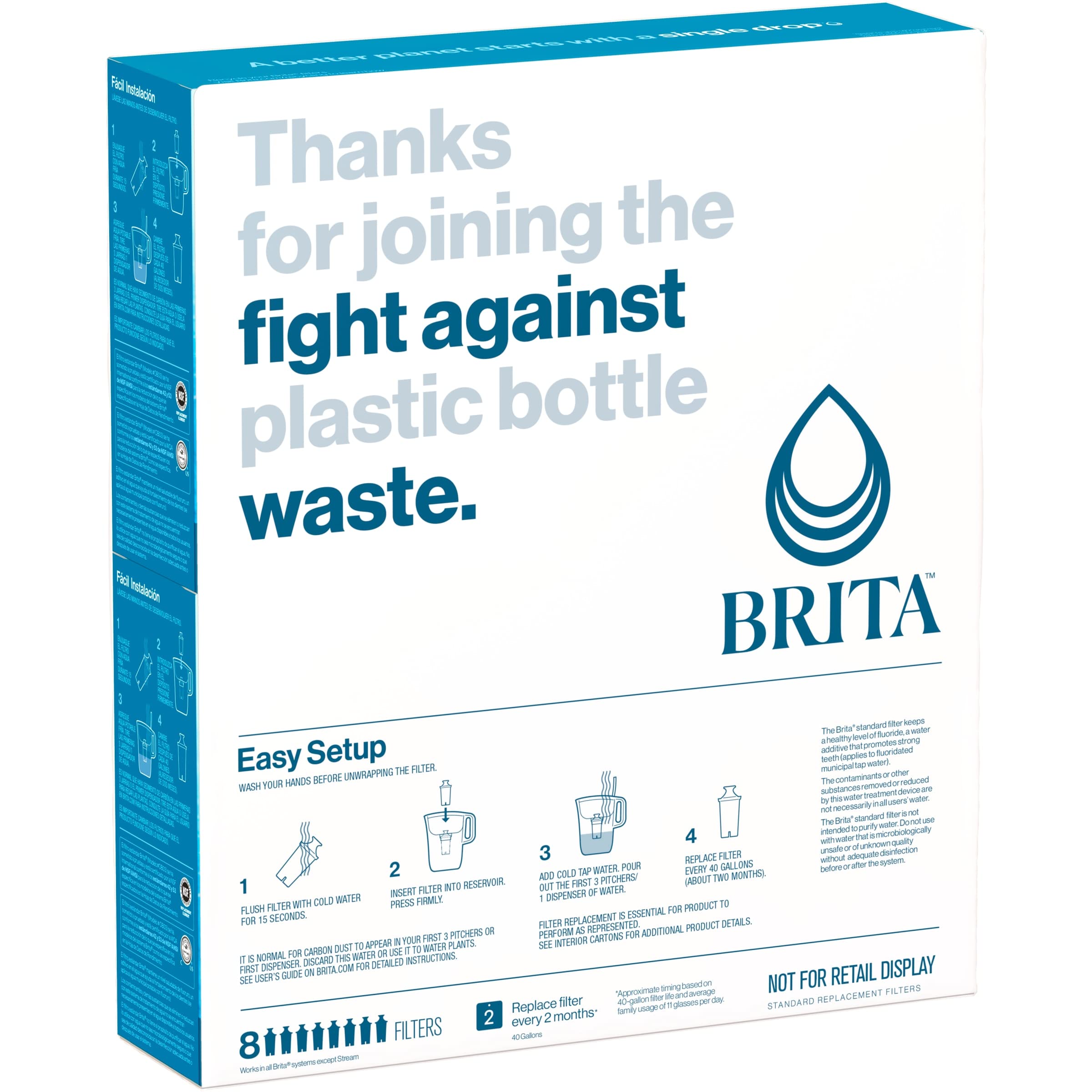 Brita Standard Water Filter Replacements for Pitchers and Dispensers, Lasts 2 Months, Reduces Chlorine Taste and Odor, 8 Count