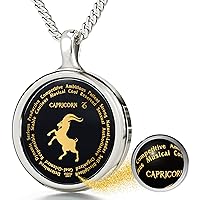 Capricorn Necklace Zodiac Pendant for Birthdays 22nd December to 19th January with Star Sign and Personality Characteristics Inscribed in 24k Gold on Round Black Onyx Gemstone, 18