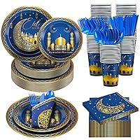 168 Pcs Eid Mubarak Party Goods Supplies Decorations for 24 Guests, Include Ramadan Mubarak Paper Plates Cups Napkins Plastic Knives Forks Spoons Tableware Set for Ramadan Family Party