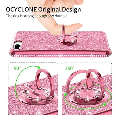 OCYCLONE iPhone 8 Plus Case, iPhone 7 Plus Case, Glitter Luxury Bling  Diamond Rhinestone Bumper with Ring Grip Kickstand Protective Thin Girly  Red