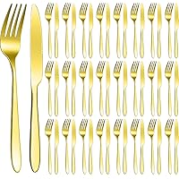 Nuenen 50 Pieces Stainless Steel Forks Silverware Set, Dinner Forks and Dinner Knives Flatware Set Tableware Cutlery Set for Butter Kitchen Restaurant (Gold,7.1 x 1 Inch, 8.4 x 0.7 Inch)