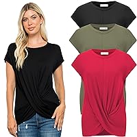 Free to Live 3 Pack Women's Round Neck Loose Fitted T Shirt, Front Twist Knot Tunic Style Tops