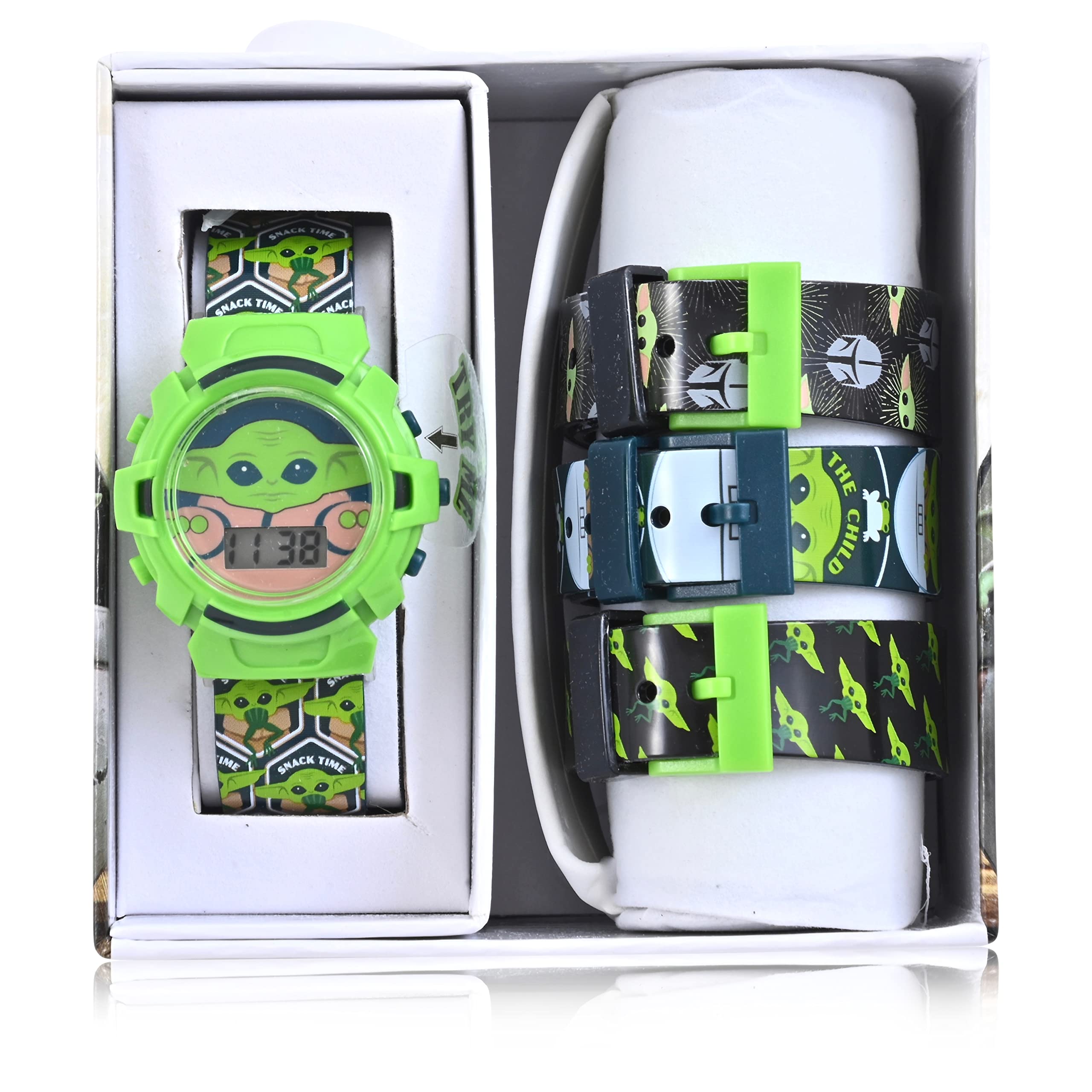 Lucasfilm Star Wars Baby Yoda Kids Digital Watch - LED Flashing Light, LCD Watch Display, 4 in 1 interchangeable Plastic Straps, Kids, Girls And Boys Watch, in Multi Color Bands (Model: MNL40007AZ)