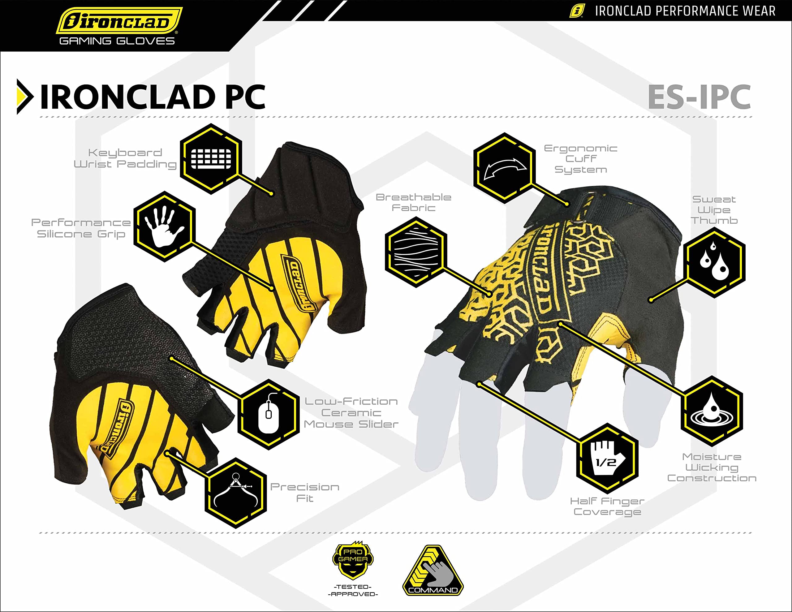 Ironclad PC Gaming Gloves, Precision Fit, Performance Silicone Grip, Moisture Wicking Construction, 1 Pair, ES-IPC-01-XS