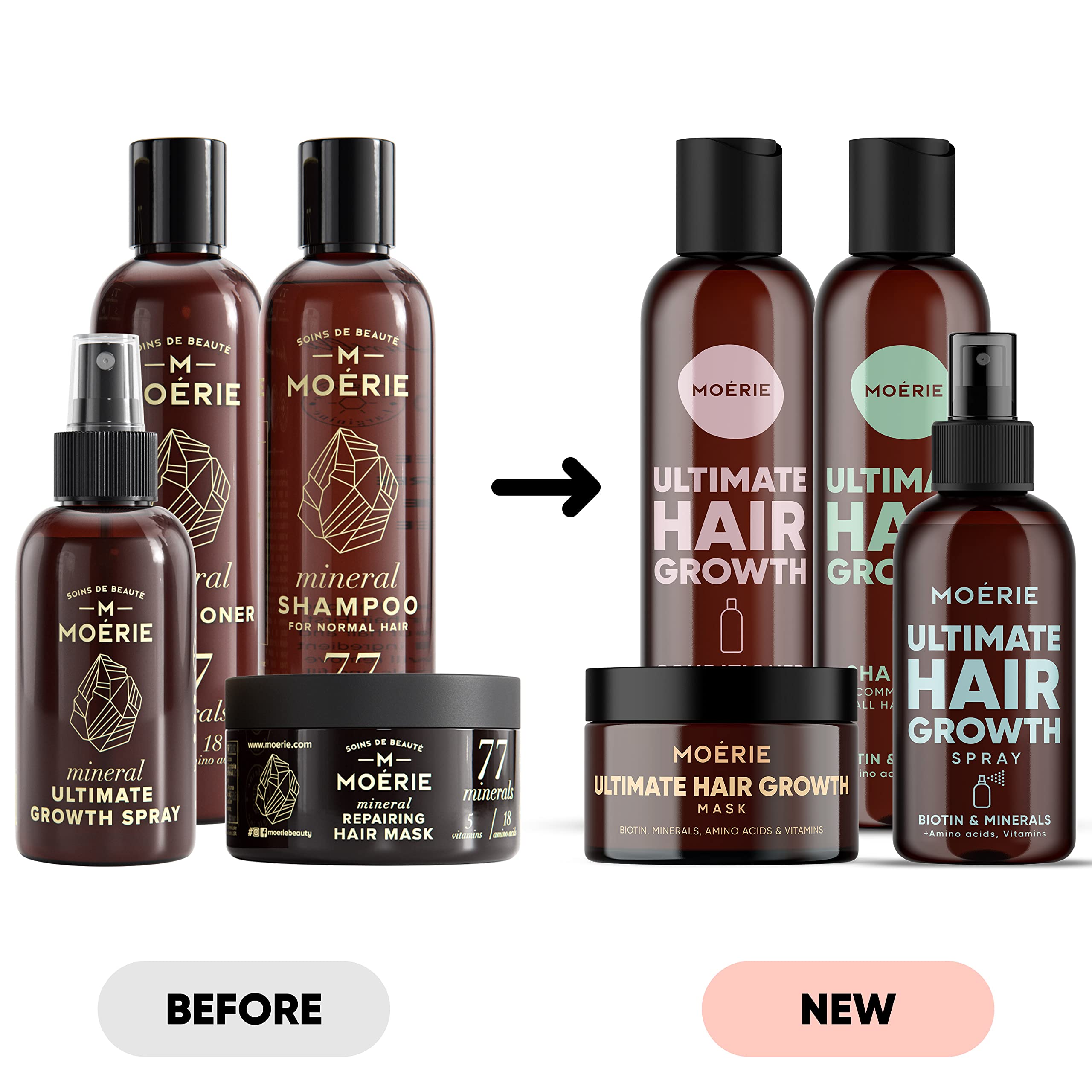 Moerie Shampoo and Conditioner Plus Hair Mask and Hair Spray Mega Pack – The Ultimate Hair Growth Care – For Longer, Thicker, Fuller Hair - Volumizing Hair Products – Paraben & Silicone Free - 4 items
