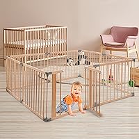 Wooden Baby Playpen for Toddlers, Foldable Large Baby Playard, Adjustable Safety Play Fence with Locking Gate for Indoor & Outdoor, Kids Activity Center (26.6“ Tall, 8-Panel)