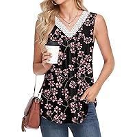 ALIGADUO Womens Summer T-Shirts V-Neck Lace Collar Casual Tank Tops Sleeveless Loose Fit Pleated Cute Tunic Tee