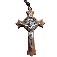 St Saint Benedict Olive Wood Metal Crucifix Cross Mens Woman Gift Catholic Pendant Necklace 3