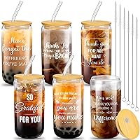 6 Set Employee Appreciation Gifts Thank You Gifts for Staff Coworker Thank You Glass Cups 16 oz Can Shaped Beer Glass with Lids Straws Brushes for Team Teacher Nurse(Fresh Style)