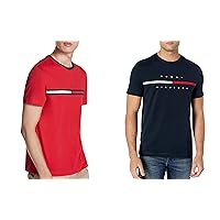 Tommy Hilfiger Men's Short Sleeve Signature Stripe Graphic T-Shirt (Apple Red/Sky Captain Bundle)
