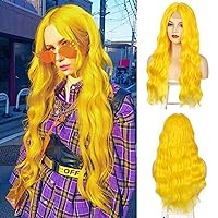 WECAN Yellow Wigs for Women 28inch Long Yellow Wavy Wigs Heat Synthetic Wig Middle Part Wavy Wig for Daily Use Halloween Cosplay Wig