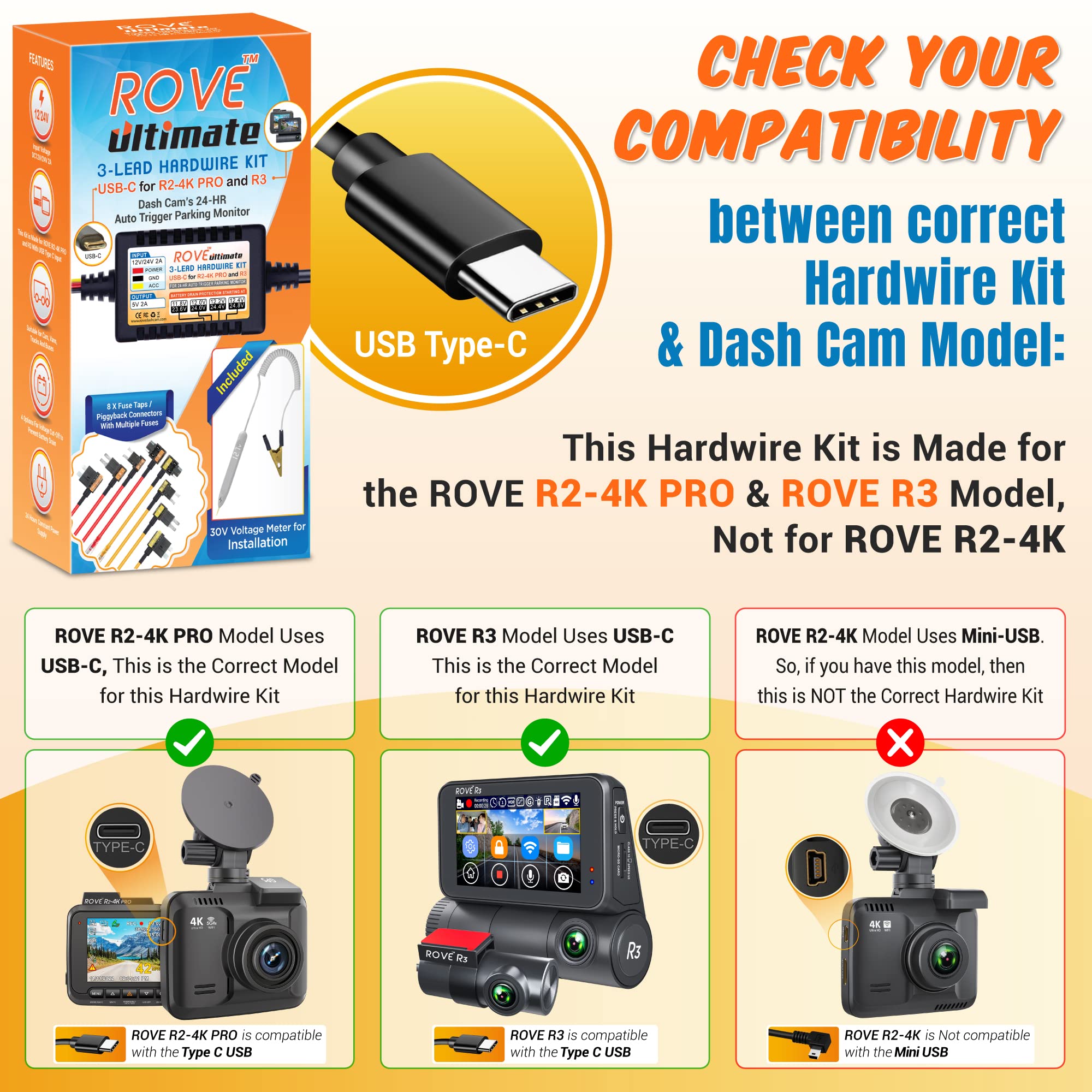 Dash Cam Hardwire Kit | USB Type C | for ROVE R3 and R2-4K PRO Dash Cam Models