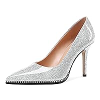 SAMMITOP Women Beaded Pumps Closed Pointed Toe High Heel Slip On Stilettos 3.5 Inch Sexy Heeled Dress Shoes Patent Leather