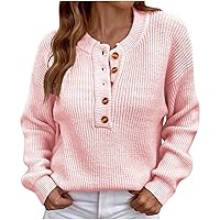 Women's 2023 Fall Henley Button V Neck Sweaters Long Sleeve Casual Loose Fit Jumpers Pullover Solid Color Knit Tops