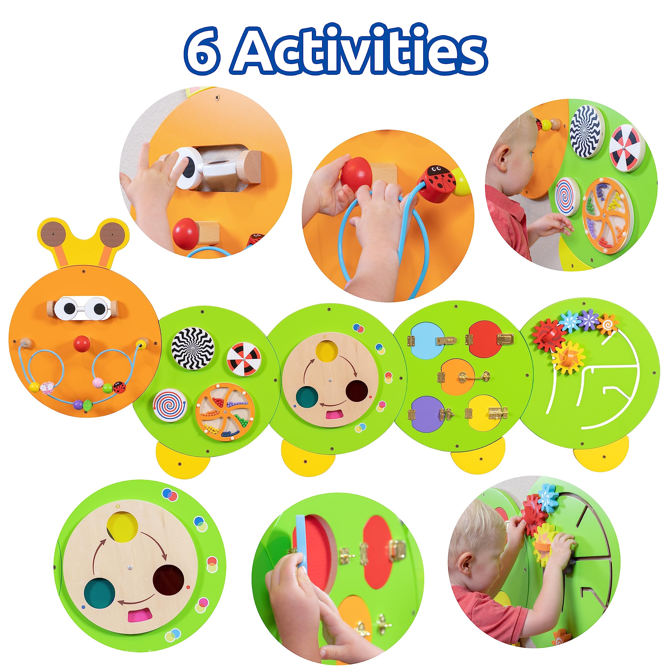 SPARK & WOW Caterpillar Activity Wall Panels - Ages 18m+ - Montessori Sensory Wall Toy - 6 Activities - Busy Board - Toddler Room Decor