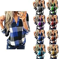 Plaid Shirts for Women Plus Size Long Sleeve Tops Dressy Casual V Neck Business Work Tops Blouses Shirts