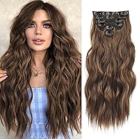 NAYOO Clip in Hair Extensions for Women 20 Inch Long Wavy Curly Medium Brown Hair Extension Full Head Synthetic Hair Extension Hairpieces (6PCS,Medium Brown)