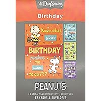 DaySpring - Peanuts - Happy Birthday - 4 Design Assortment with Scripture - 12 Boxed Cards & Envelopes (J0381)