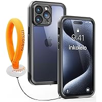 inkolelo Compatible with iPhone 15 Pro Max Waterproof Case, Built-in Screen Full-Body Protector with Floating Strap IP68 Waterproof Case- Matte Black/Orange(for iPhone 15 Pro Max)
