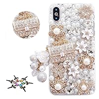 STENES Bling Case Compatible with iPhone 13 Pro Max Case - Stylish - 3D Handmade Girls Bag Pearl Pendant Flower Crystal Design Protective Crystal Rhinestone Glitter Cover Case - Gold