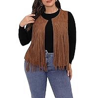 OYOANGLE Women's Plus Size 70s Hippie Faux Suede Fringe Trim Sleeveless Tassel Crop Vest Jacket Coffee Brown 4XL