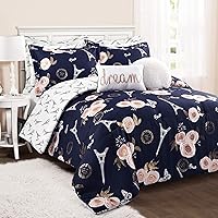 Lush Decor Navy Vintage Paris Rose Butterfly 7-Piece Comforter Bed Set, Reversible Bedding (Full/Queen)